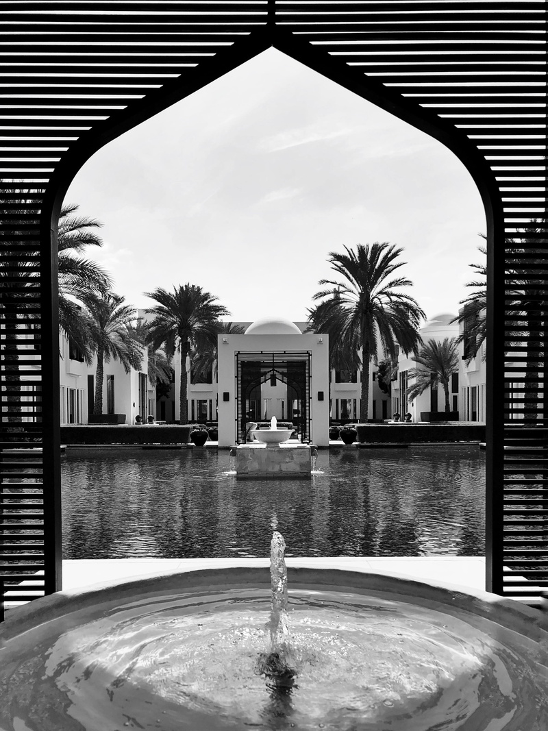 chedi hotel, water, arab, building exterior, peace, arch, resort, pool, swimming pool, fountain, sky, oman, building, no people, architecture, luxury, built structure