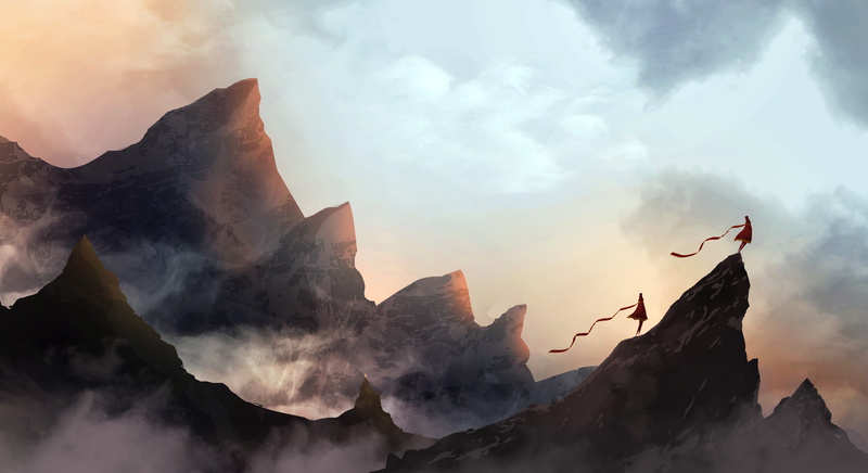 painting, scenics - nature, Journey (game), formation, 5K, couple, non-urban scene, sky, idyllic, solid, mist, mountains, rock formation, sunset, mountain peak