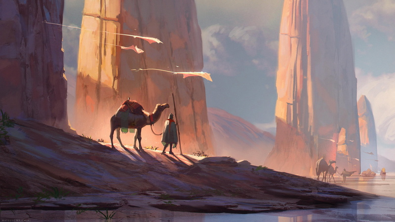 digital art, caravan, fantasy art, rocks, desert, Camels, men, artwork, creatures, fantasy, 4K