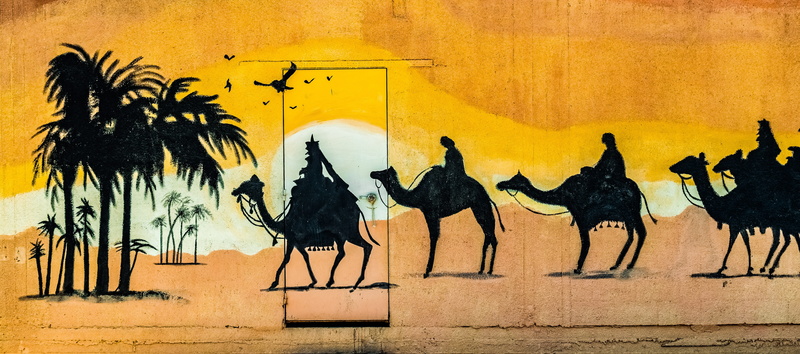 desert, architecture, creativity, domestic animals, door, camels, nature, painted, no people, old, wall - building feature, representation, wall, 5K, caravan