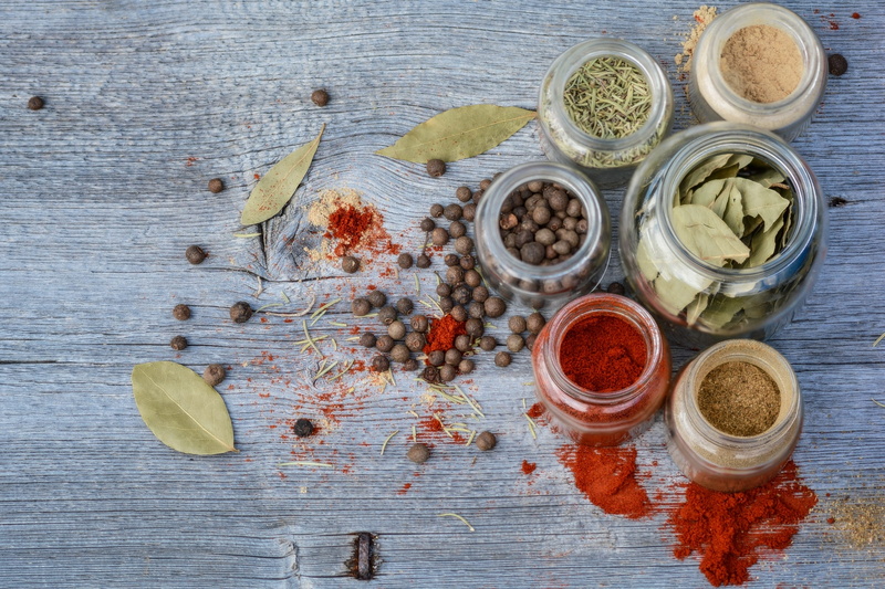kitchen, chili, dry, top, indoors, assortment, aroma, no people, set, table, allspice, wood, rustic, jars, wood - material, turmeric, kitchen utensil, gray