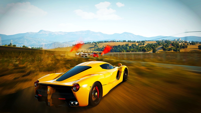 blurred motion, Ferrari LaFerrari, outdoors, tree, car, sky, mode of transportation, motion, mountain, mountain range, taxi, motor vehicle, speed