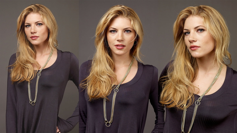 hairstyle, Katheryn Winnick, front view, beautiful woman, young women, group of people, collage, young adult, purple top, actress, looking at camera, standing