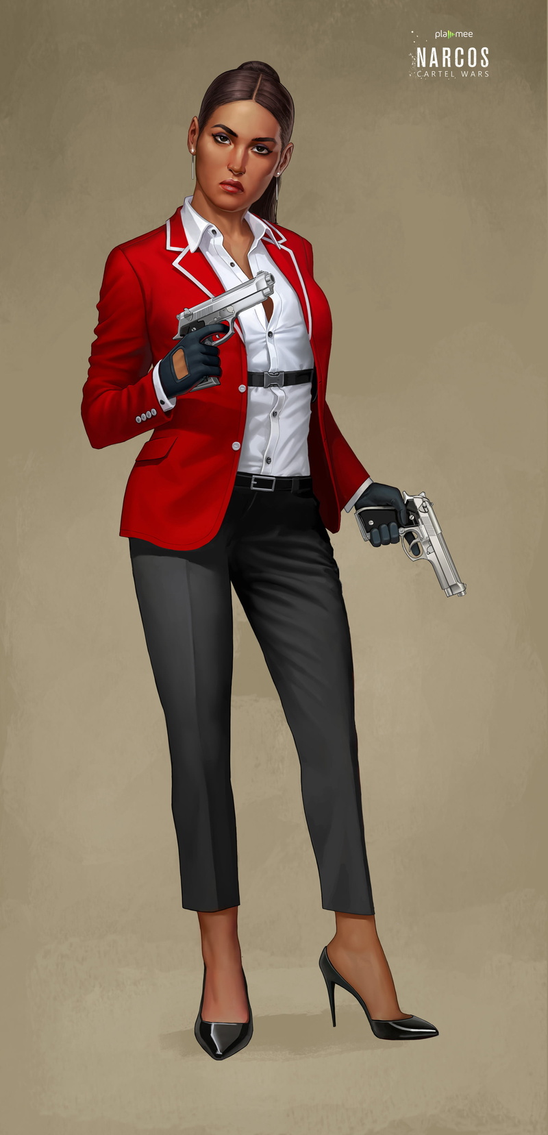beautiful woman, Narcos, studio shot, uniform, women, portrait, looking at camera, females, clothing, business, standing, fashion, 4K, young women, pistol