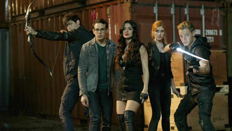 Shadowhunters, woman, standing, mini, denim, sleeveless, button, wearing, jacket, man, beside, Dominic Sherwood, black, Best TV series, 2K, gray, dress