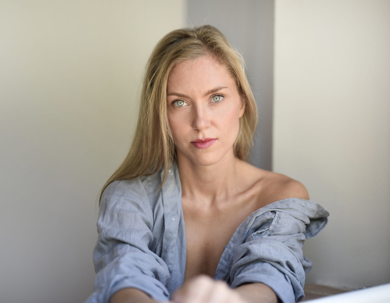 shirt, hair, blue, surface, hairstyle, near, sleeved, button, looking at camera, white, woman, women, contemplation, 5K, sitting, long hair, wearing, portrait