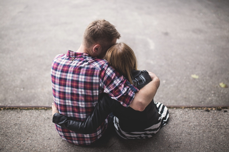 sitting, love, togetherness, beside, adolescence, adult, outdoors, surface, shirt, positive emotion, hugging, red, women, relationship difficulties, together