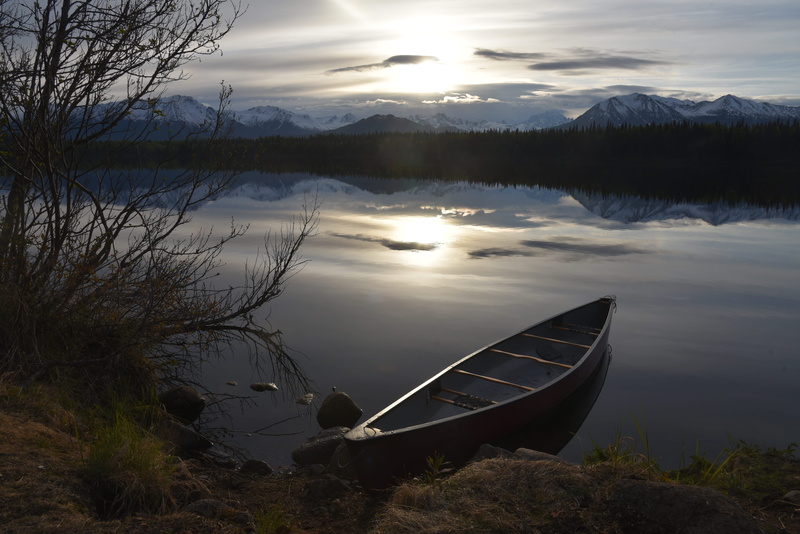 canoe, reflection, no people, byers lake, sun, mountain, rowboat, 5K, canoe on lake, denali, overcast, idyllic, nature, tranquil scene, smooth lake, boat