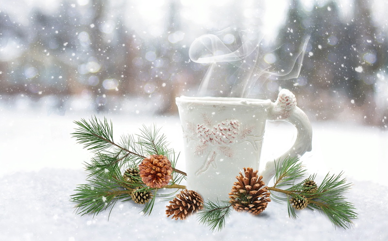 christmas, brew, holiday, christmas tree, Cozy, Morning, steam, hot drink, pineboughs, snowing, beverage, snowflake, steaming, cupofcoffee, refreshment
