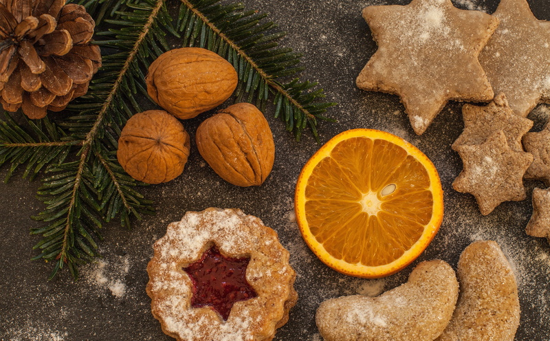 Holidays, still life, healthy eating, high angle view, freshness, products, walnuts, confectionery, bake, Sweet, Orange, sweet food, nuts, cookie, food and drink