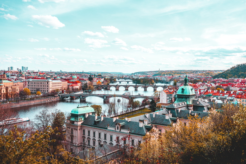sky, plant, building exterior, residential district, bridges, towers, cityscape, outdoors, 35mm, orange, tree, settlement, czechia, nature, bridge, architecture