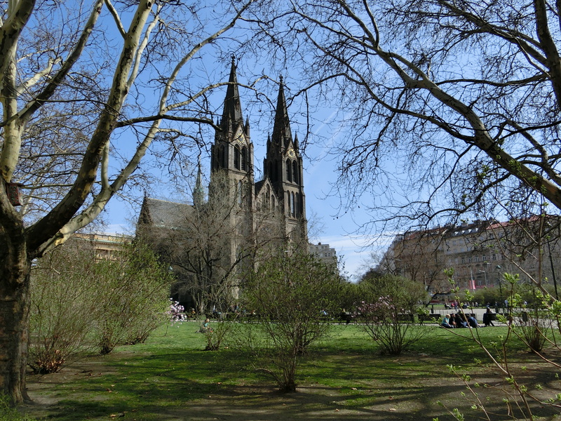 religion, day, sky, nature, spire, building, church, outdoors, no people, park, plant, growth, spring, branch, built structure, place of worship, prague