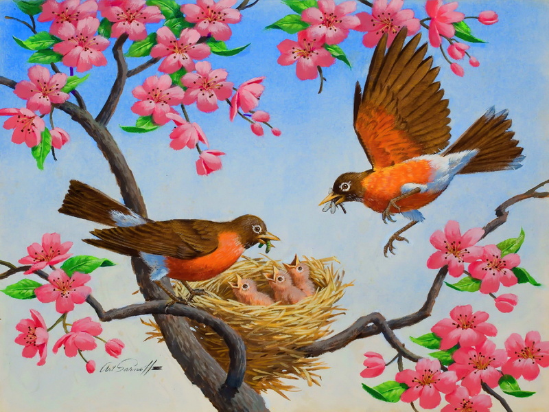 nature, trees, drawings, 2K, birds, flowers, spring