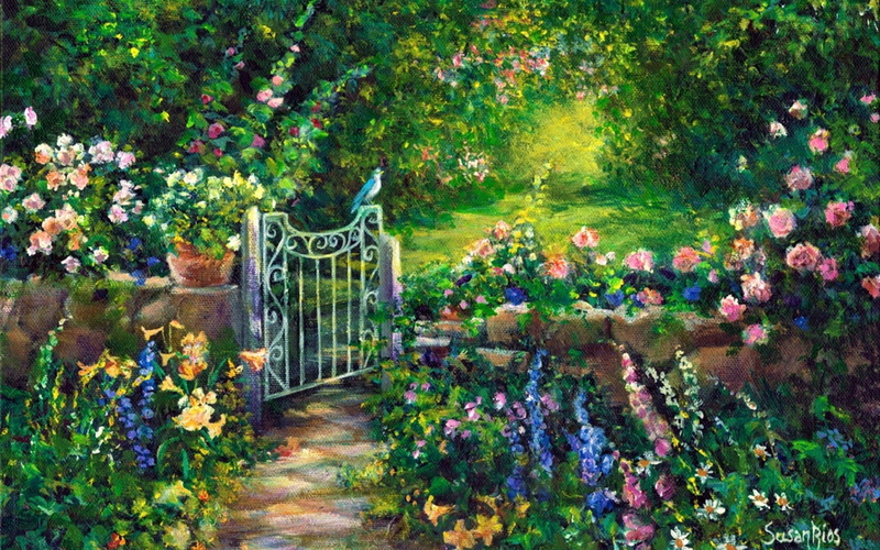 1080P, Bird, Gate, Flower, Painting, Garden, Artistic, Spring