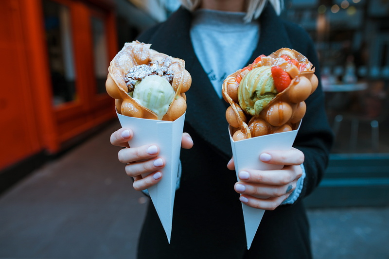 men, adult, sweet food, snack, close-up, human body part, holding, adults only, sweet, business, human Hand, waffle, ice cream, outdoors, people, freshness