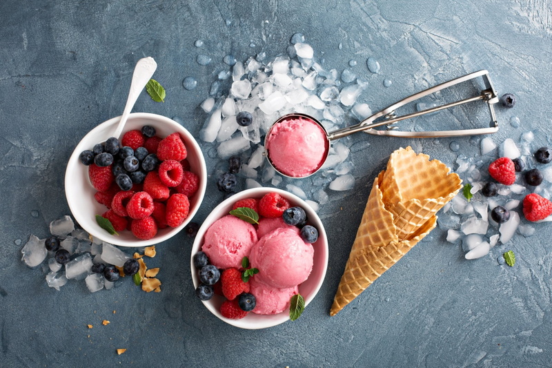 Blueberry, Waffle Cone, Fruit, Food, Raspberry, Ice Cream, 1080P, Still Life, Berry