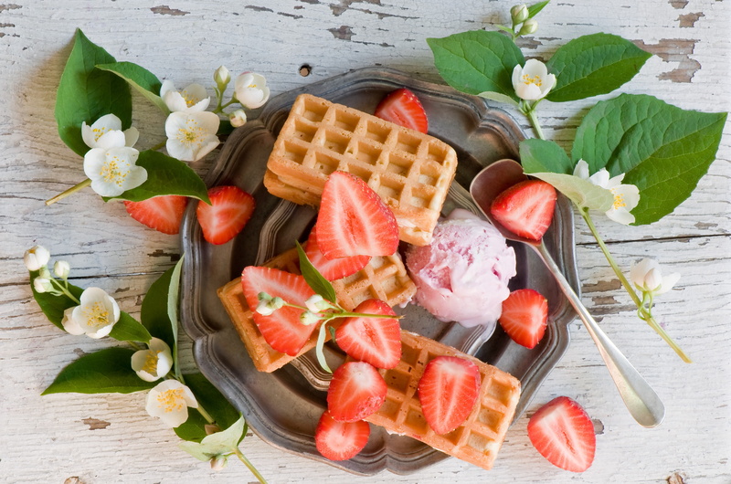 berry fruit, wood - material, table, directly above, ice cream, still life, dessert, plant part, waffles, no people, food, leaf, freshness, plant, fruit