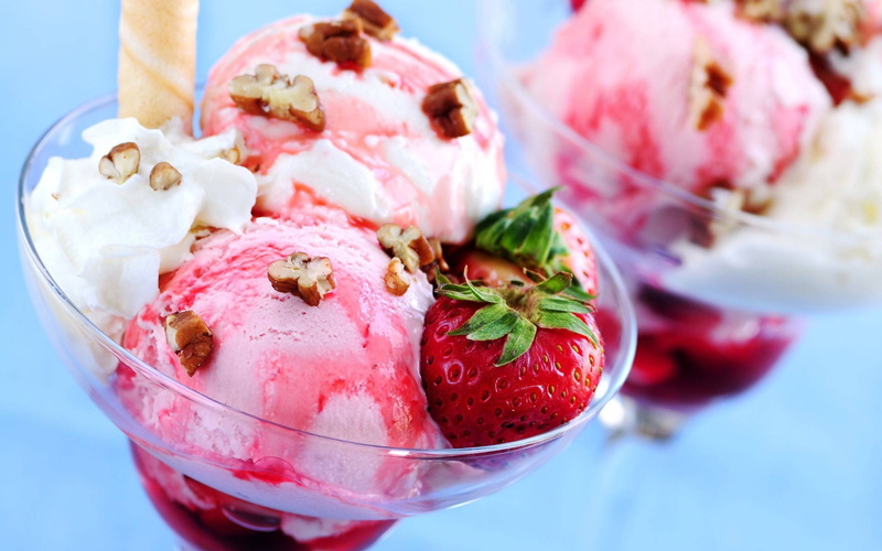 food, dessert, 2K, strawberries, ice cream