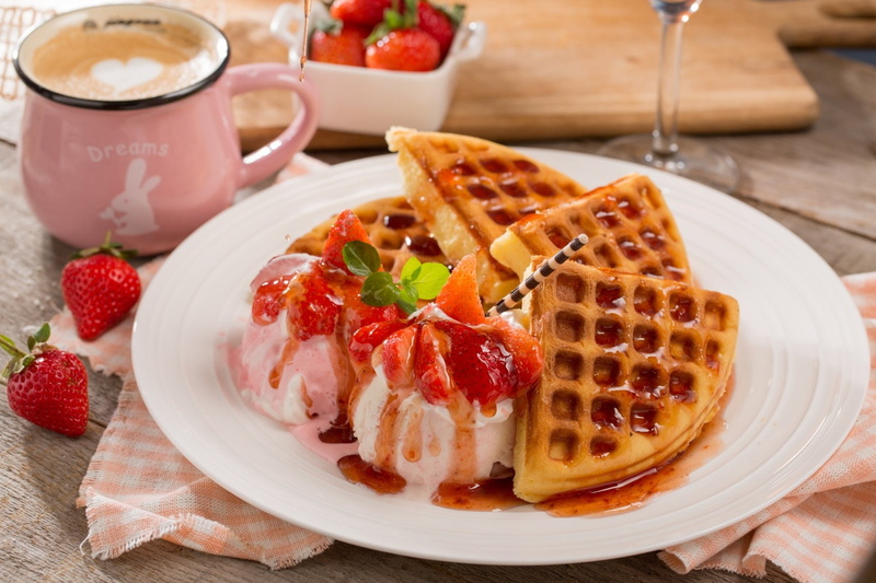 Waffle, Dessert, Strawberry, Ice Cream, Food, Still Life, 1080P