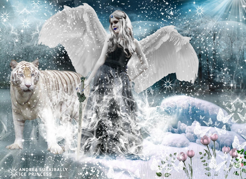 3d and abstract, princess, 1080P, wolf, snow, ice, fantasy