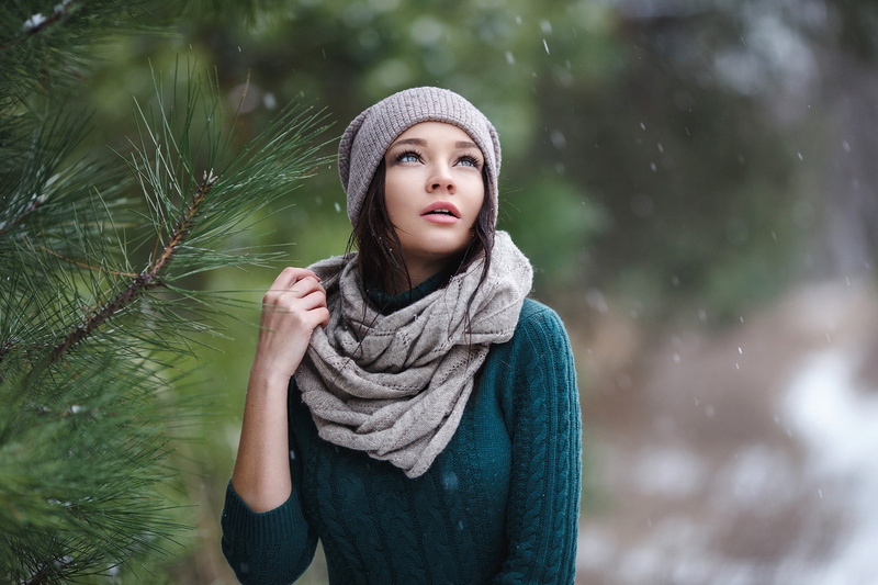 tree, look, girl, Angelina Petrova, the first snow, 1080P, Denis Petrov, cap