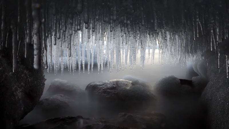 beauty in nature, nature, winter, blurred motion, scenics - nature, solid, rock - object, flowing, non-urban scene, land, icicle, 1080P, water, tranquility
