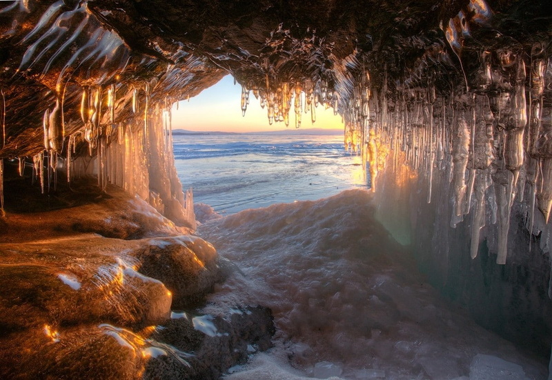 frost, Russia, landscape, ice, cave, cold, sunset, lake, water, nature, 480P