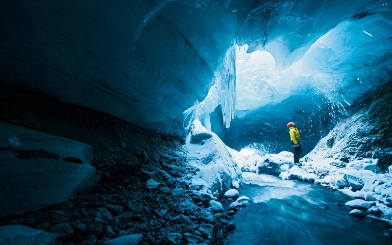 cave, jacket, sport, ice, warning sign, travel, frozen, beauty in nature, exploration, activity, yellow, water, one person, nature, winter, s, long exposure