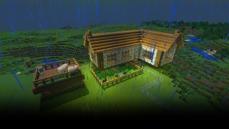farm, tranquility, Minecraft, outdoors, building, water, lake, nature, landscape, sky, building exterior, green color, rain, plant, 1080P, built structure