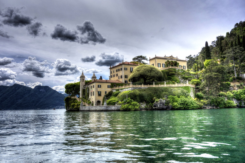 trees, coast, Lake Como, concrete, lake, home, mountains, Lenno, hdr, 4K, clouds, brown, house, Villa del Balbianello, Italy