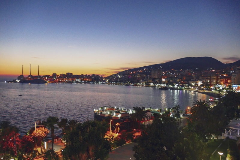 saranda, building, architecture, landscape, albania, travel destinations, nature, sky, reflection, dusk, cityscape, marina, city, outdoors, illuminated