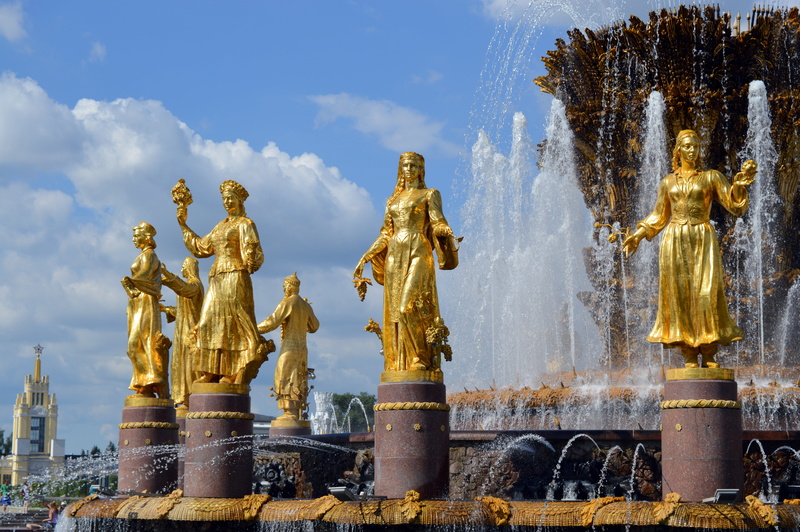beside, art, water, statues, female likeness, monument, gilded, outdoors, showplace, creativity, representation, russia, architecture, built structure