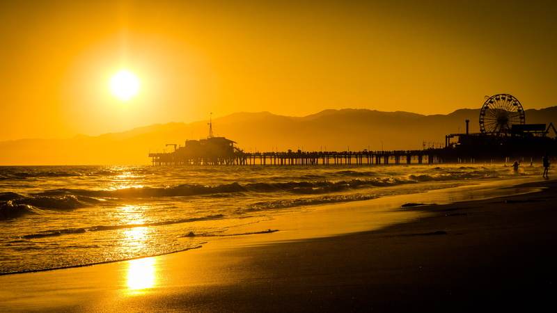 sea, Santa Monica pier, jetty, sunset, travel, coastline, beach, nature, 4K, landscape, quay, within, ocean, port, santa  monica  pier, golden  beach