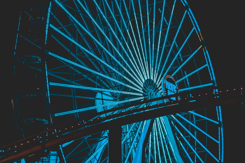 blue, road, lighting, fairground, machine, built structure, low angle view, the santa monica pier, amusement park ride, santa monica beach, bridge, nature
