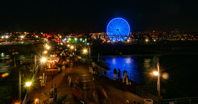 arts culture and entertainment, lighting equipment, amusement park ride, built structure, santa monica, united states, night, ghosts, lights, city, sky