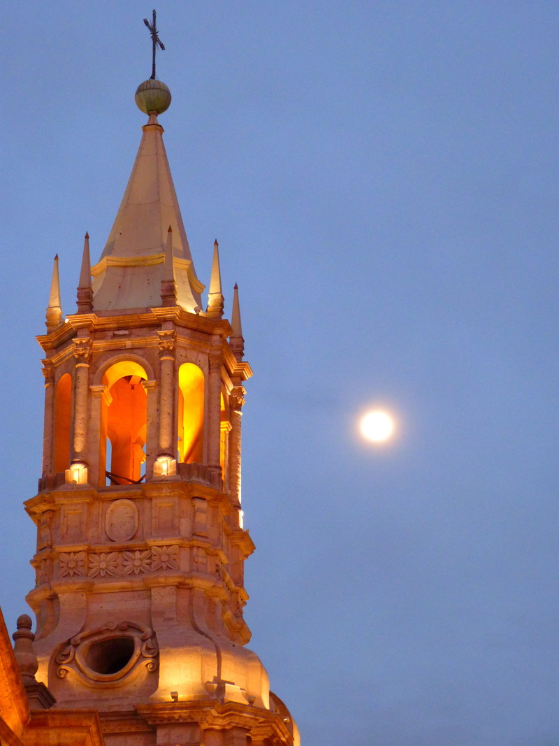 spirituality, dusk, outdoors, no people, Arequipa, full moon, religion, Cathedral, place of worship, Building, spire, night, low angle view, clock tower