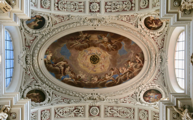 human representation, indoors, architecture and art, religion, mural, carving - craft product, 5K, passau, ceiling, directly below, low angle view, architectural feature