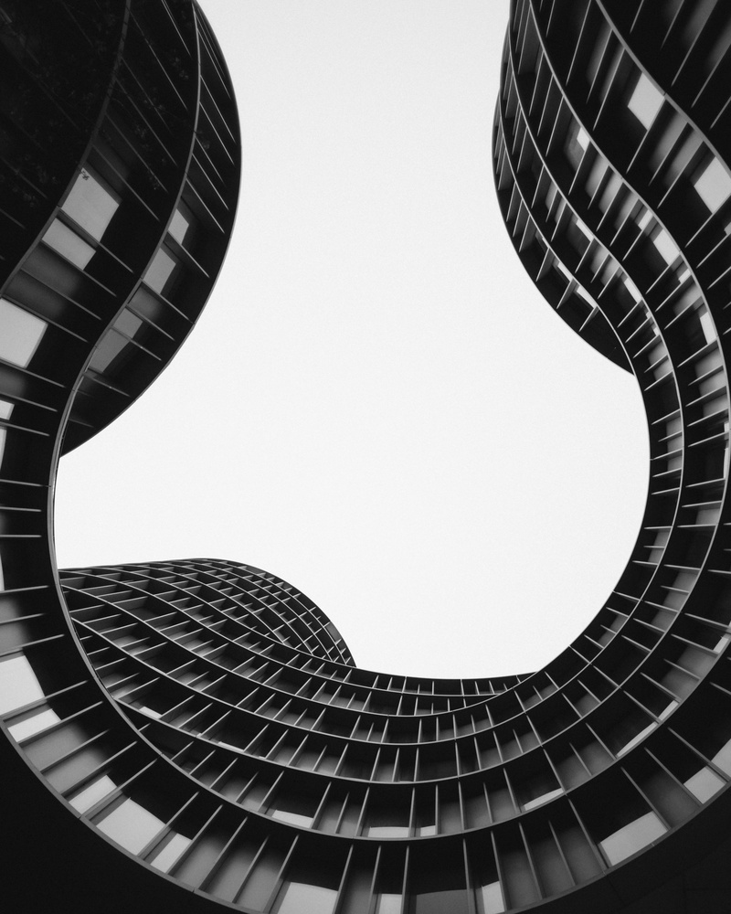 building, geometric shape, photo, angle, minimal, design, city, wormeye, bw, building exterior, scandinavian, shape, copenhagen, modern, low angle view