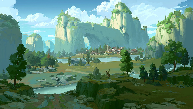 river, mountains, fantasy art, runes, Pixel Cat, digital art, village, castle, 720P