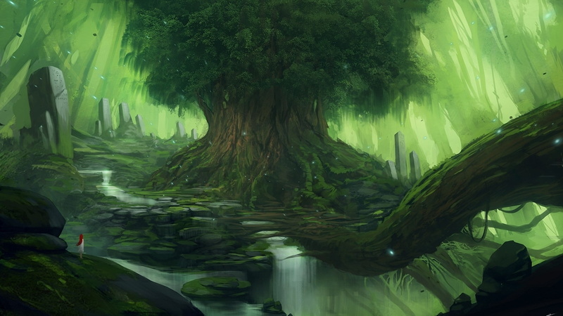 redheads, art, hd, magical, runes, tree, 1080P, fantasy, waterfalls, Trees, bridges, mystical, giant, abstract, paintings, rocks