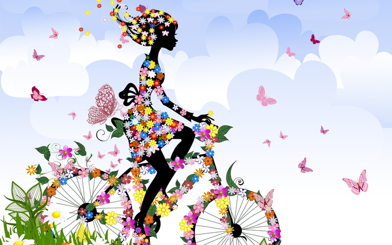 flowers, sky, vector, 1080P, females, riding, motion, anime, cartoon, butterfly, art, seasons, vehicles, spring, legs, style, bicycle, girls, clouds, insects