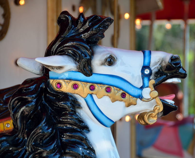 retro, livestock, focus on foreground, colorful, painted horse, round, merry-go-round, antique, park, fair, wooden, multi colored, fun, amusement, animal representation