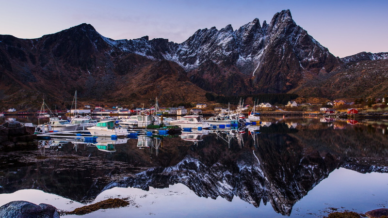 built structure, ballstad, boats, boat, mirroring, marina, snowcapped mountain, port, day, water, formation, beauty in nature, cold temperature, outdoors