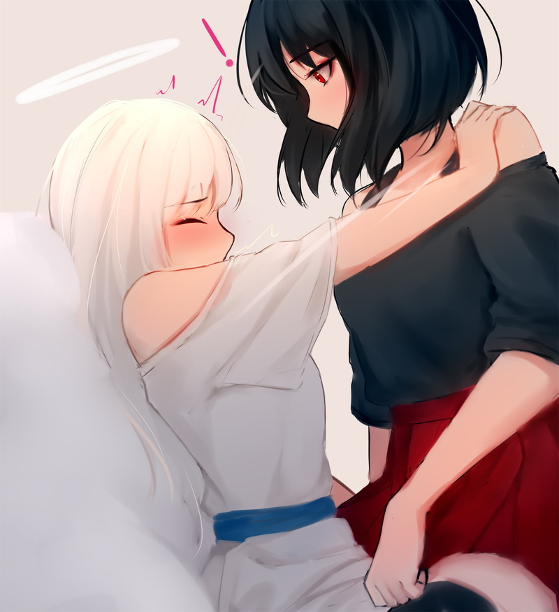 angel, short hair, tail, yuri, anime, MX shimmer, demon, simple background, horns, anime girls, original characters, 720P
