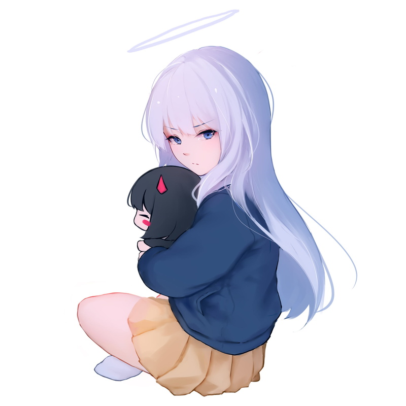 anime girls, simple background, 1080P, MX shimmer, original characters, angel, anime, white hair, nimbus