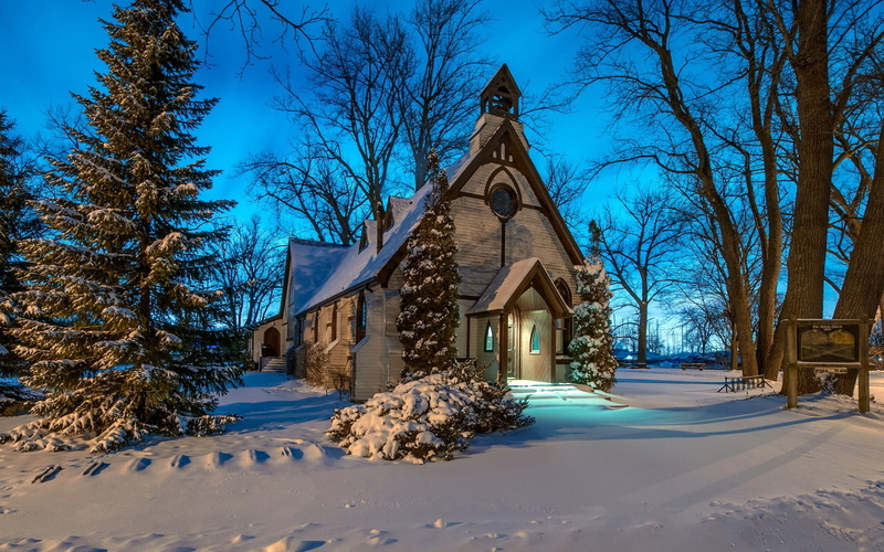 Snow, Trees, Night, Winter, Church, 1080P