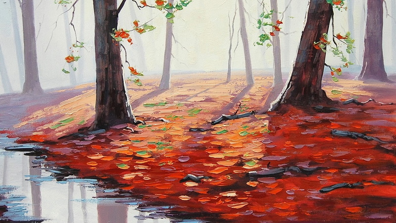 720P, Graham Gercken, leaves, fall, puddle, trees, painting