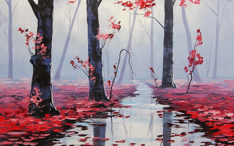tree trunk, day, growth, no people, Fall, beauty in nature, leaves, Graham Gercken, autumn, nature, 1080P, red, Trees, lake, plant, reflection, flowering plant