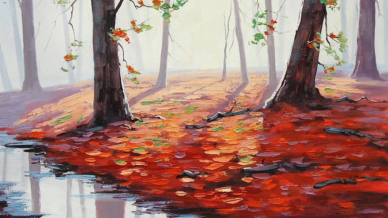 Trees, Graham Gercken, 720P, puddle, Fall, leaves, painting