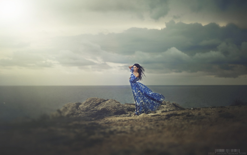 horizon, sky, blue dress, water, bare shoulders, Anton Komar, landscape, adult, tranquility, tranquil scene, sea, beauty in nature, long hair, fashion